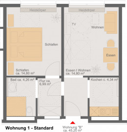 Wohnung 1 Standard: ca 45,20 m2;  M:1:75 © haid Architekten|Ingenieure