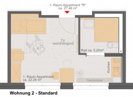 Wohnung 2 Standard: ca 22,26 m2;  M:1:75 © haid Architekten|Ingenieure