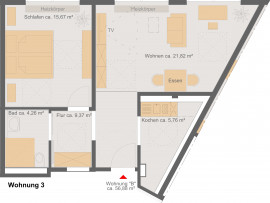Wohnung 3, ca.56,88 m2;  M:1:75 © haid Architekten|Ingenieure