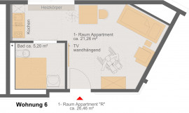 Wohnung 6; ca.26,46 m2;  M:1:75 © haid Architekten|Ingenieure