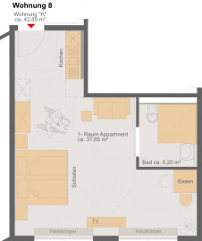Wohnung 8; ca.42,85 m2;  M:1:75 © haid Architekten|Ingenieure